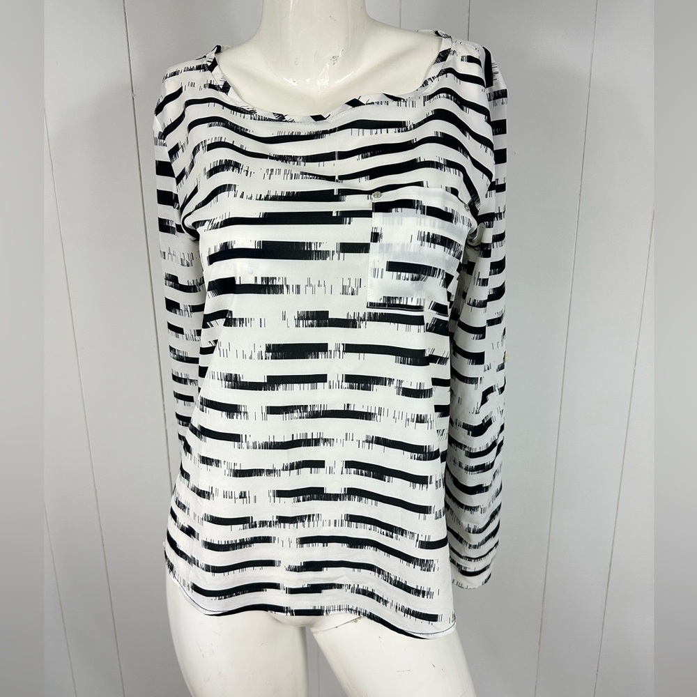 Calvin Klein Women Sz M Black & White Bold Graphic RollTab Tunic Top M Pullover
